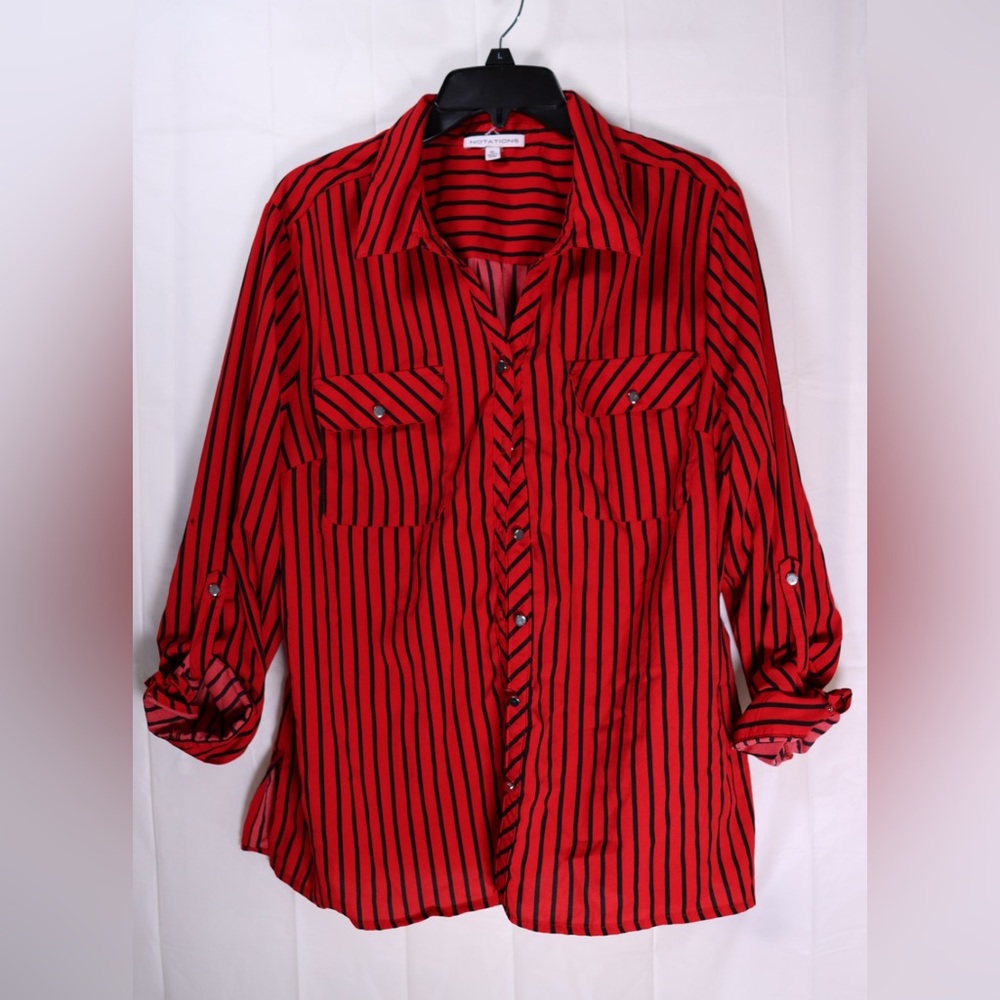 Notations Red Striped Button Up Blouse